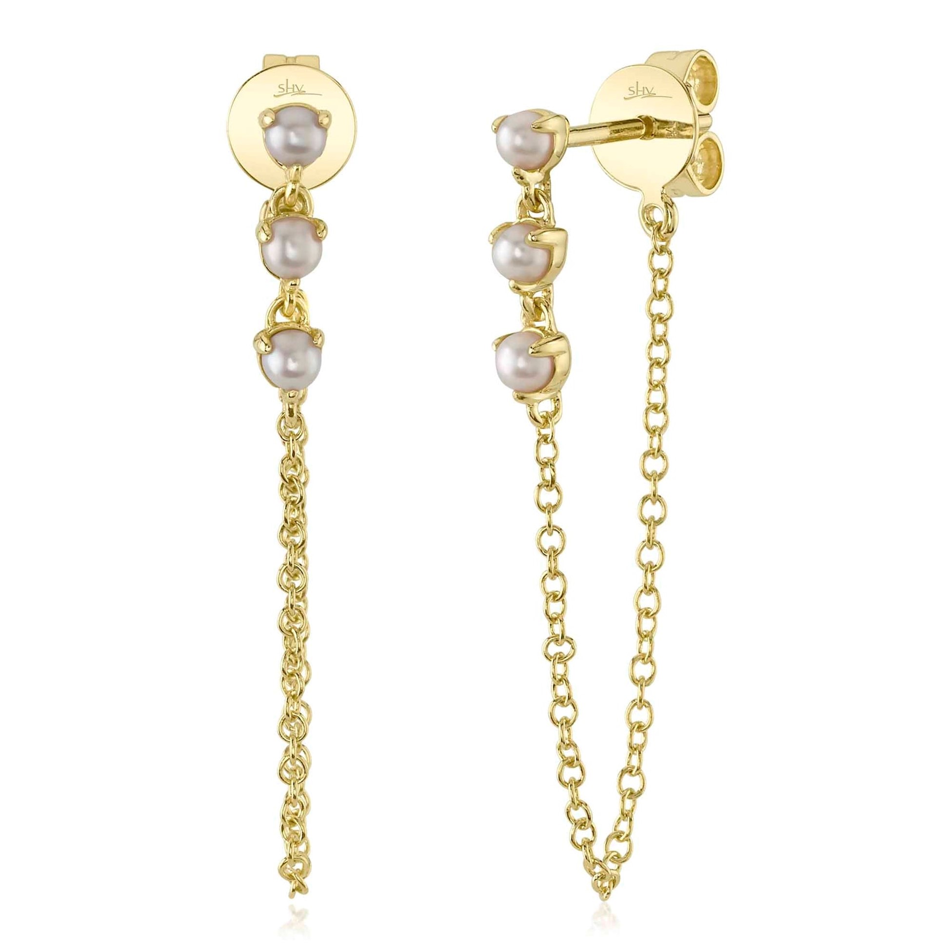 Shy Creation 14K Yellow Gold Pearl Chain Stud Earrings