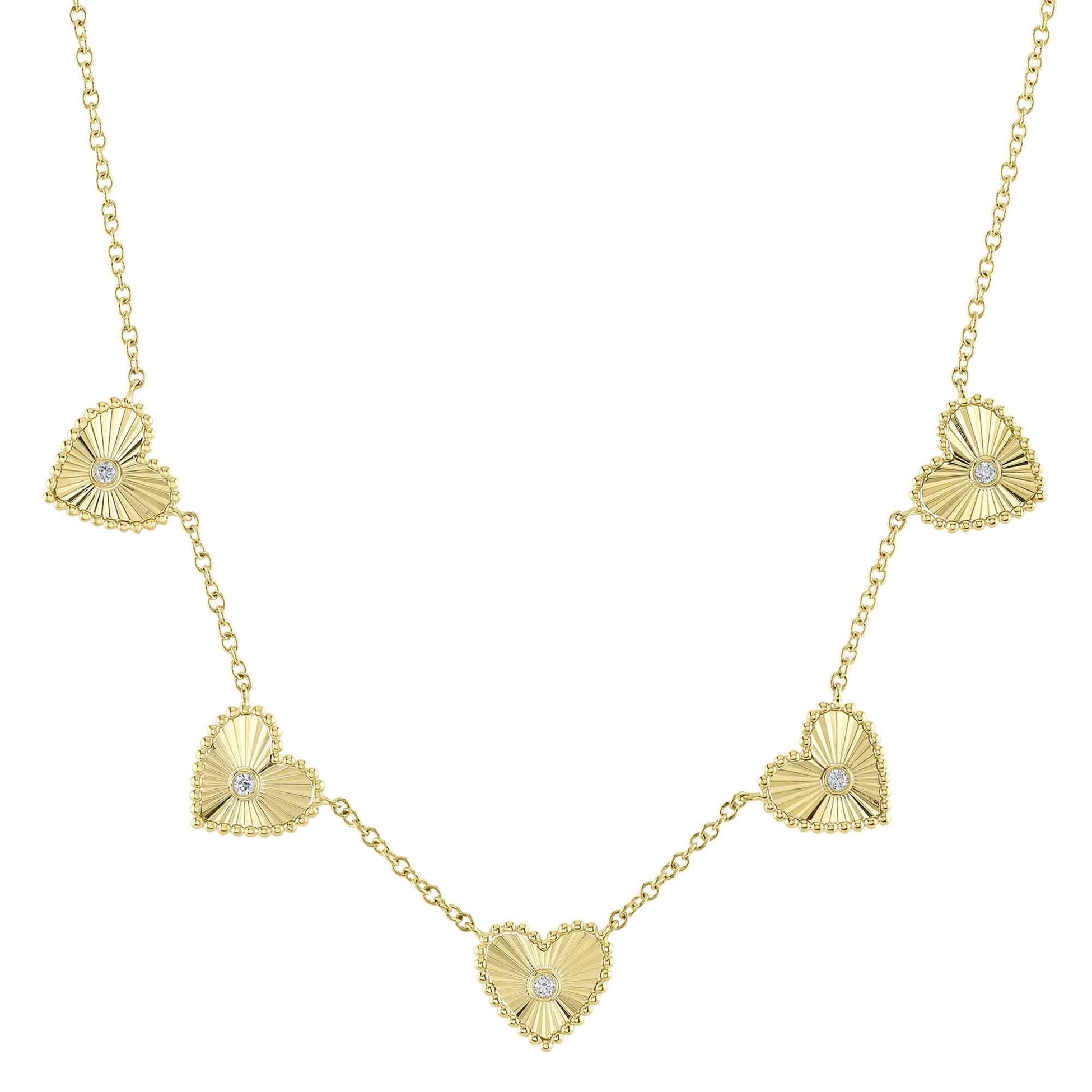 Shy Creation 14K Yellow Gold Diamond Bezel Heart Station Necklace