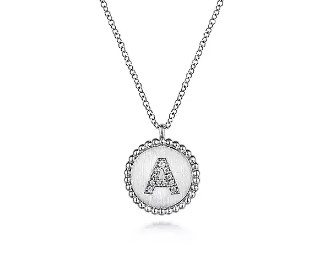 SS .05CTW DIA "A" INITIAL BEAD HALO PEND 18"