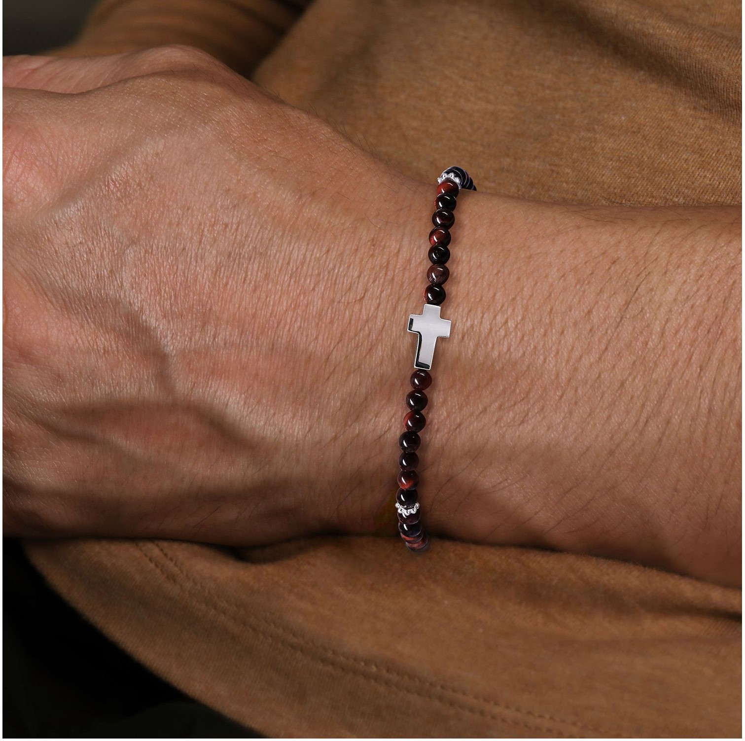 SS 20.06CTW 4MM TIGERS EYE BEAD SML CROSS BRAC 8"