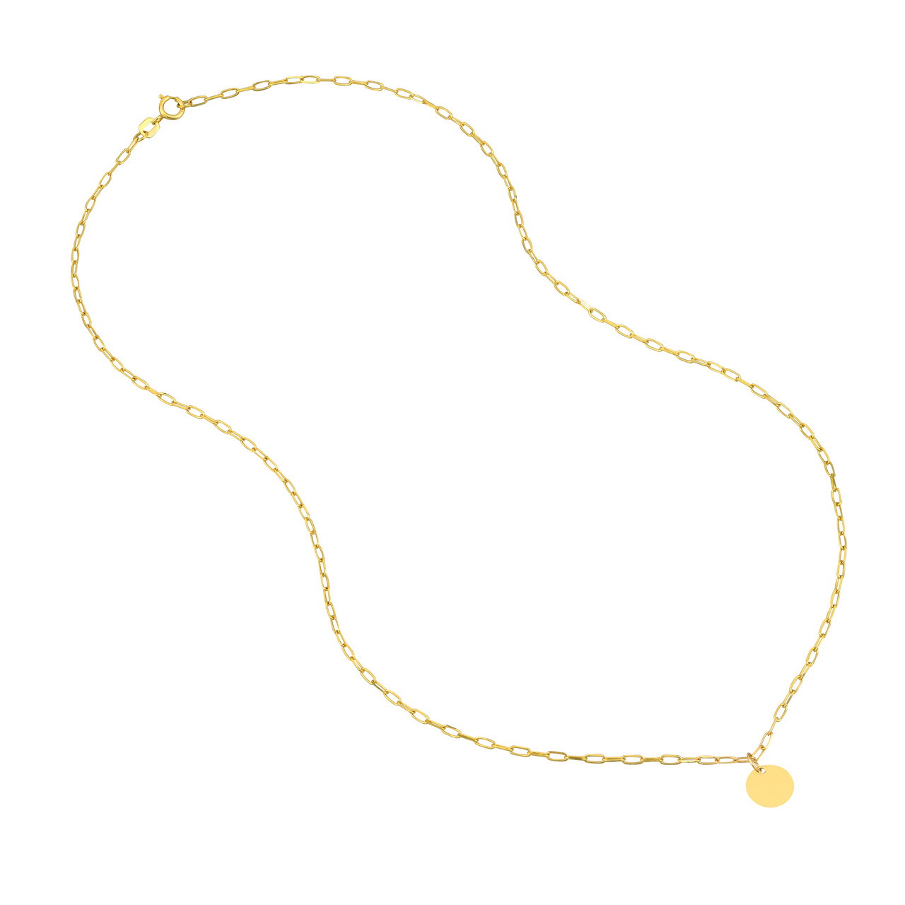 14K Yellow Gold Paper Clip Chain Necklace with Disc Dangle (1.7mm, 18")