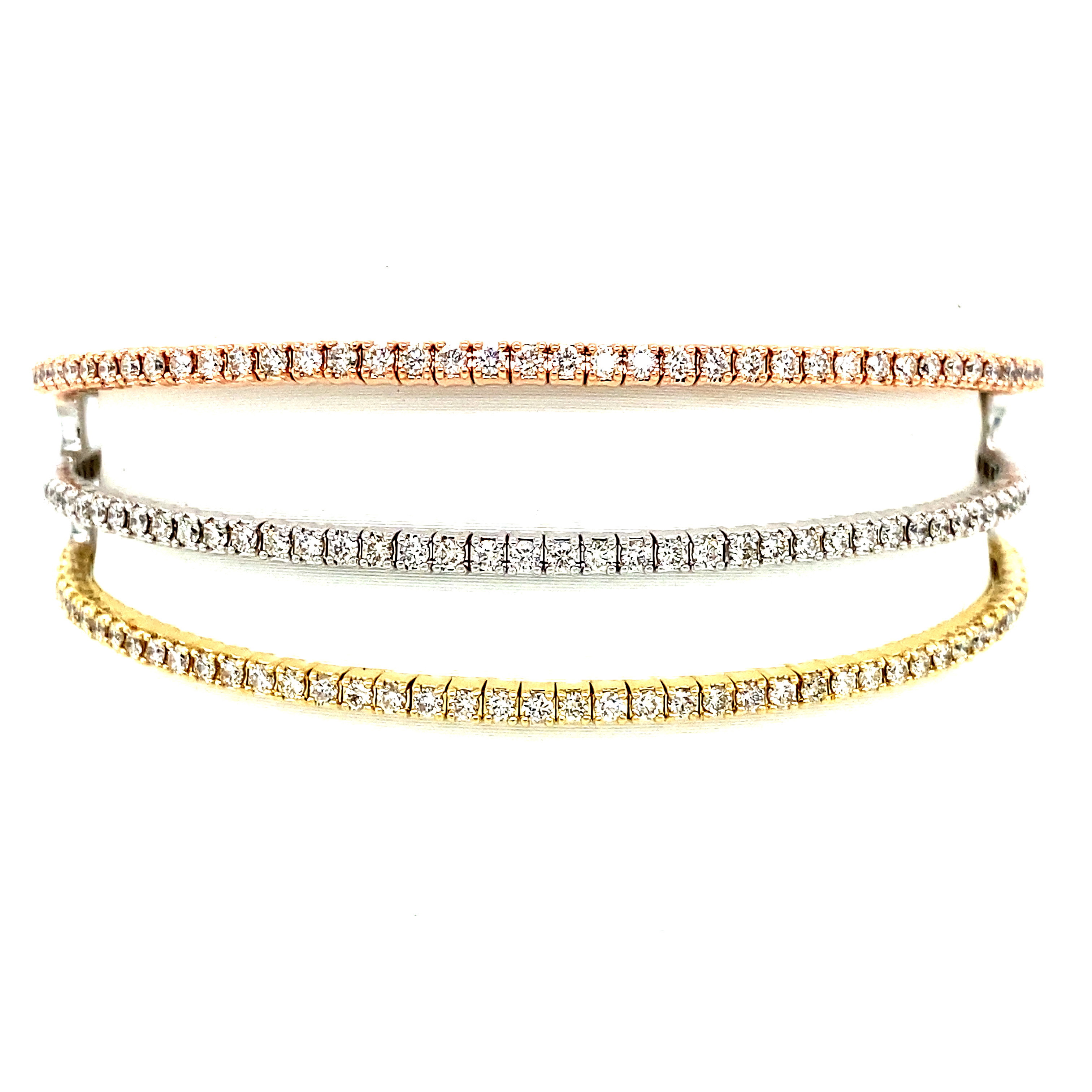 14K White, Yellow, Rose Gold & Titanium Diamond 3-Row Flex Bangle Bracelet (2.62ctw)