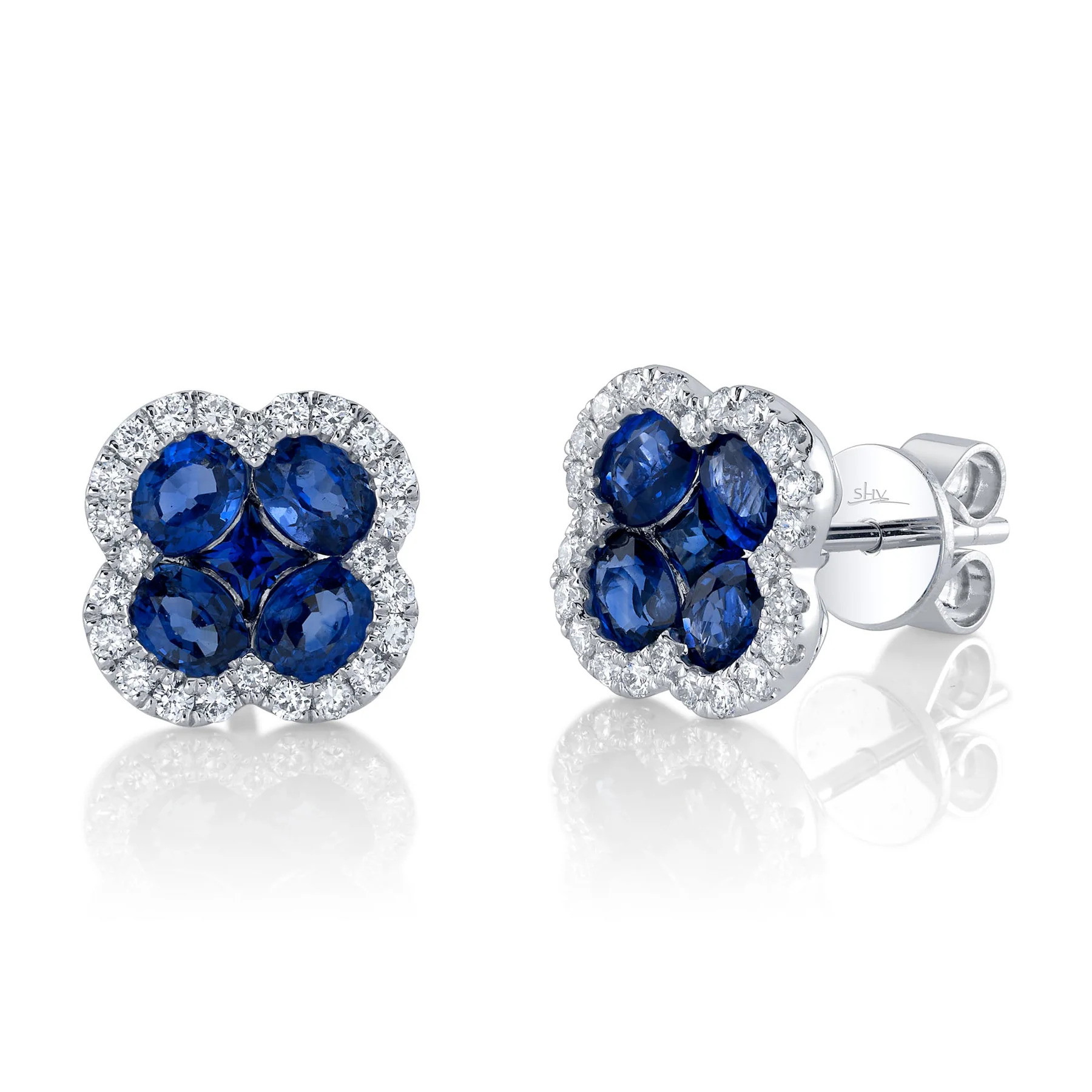 Shy Creation 14K White Gold Blue Sapphire & Diamond Clover Stud Earrings