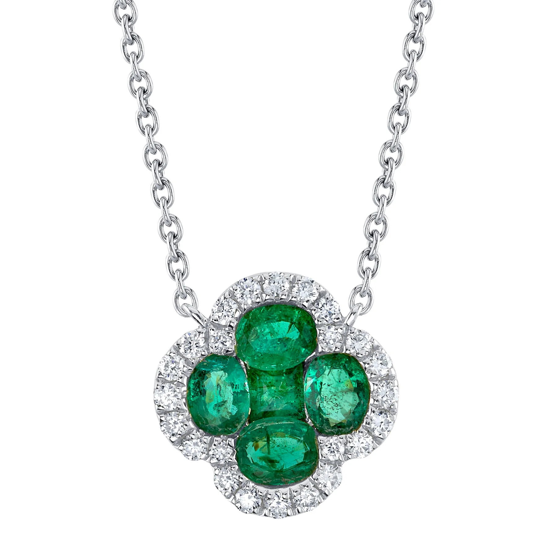Shy Creation 14K White Gold Emerald & Diamond Clover Pendant