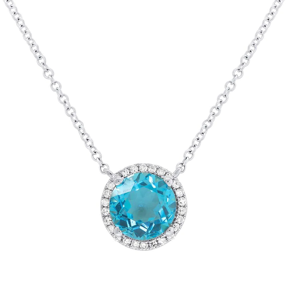 14KW 1.80CT RND BLU TOPZ .08CTW DIA HALO PEND
