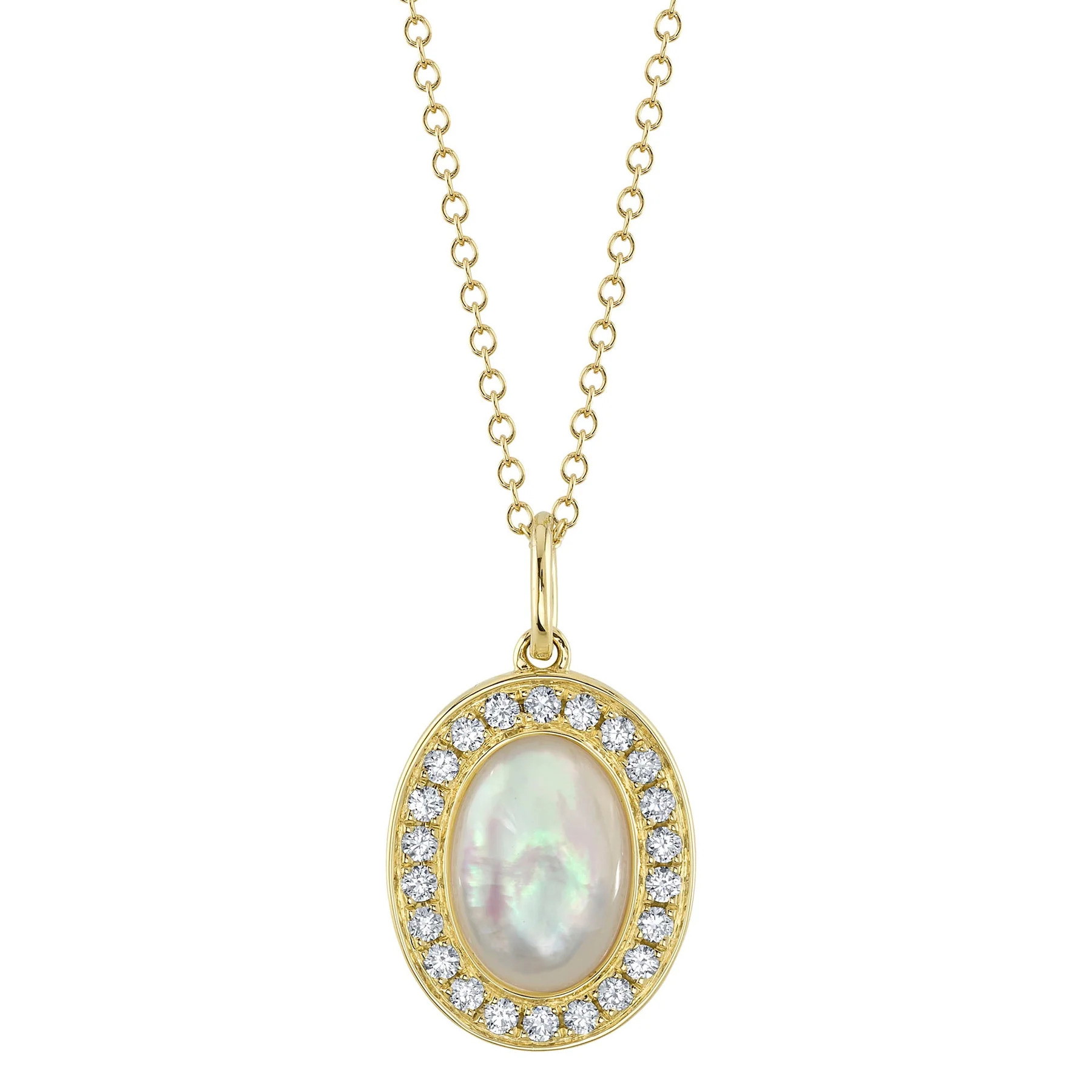 Shy Creation 14K Yellow Gold Oval MOP & Diamond Halo Bezel Adjustable Pendant