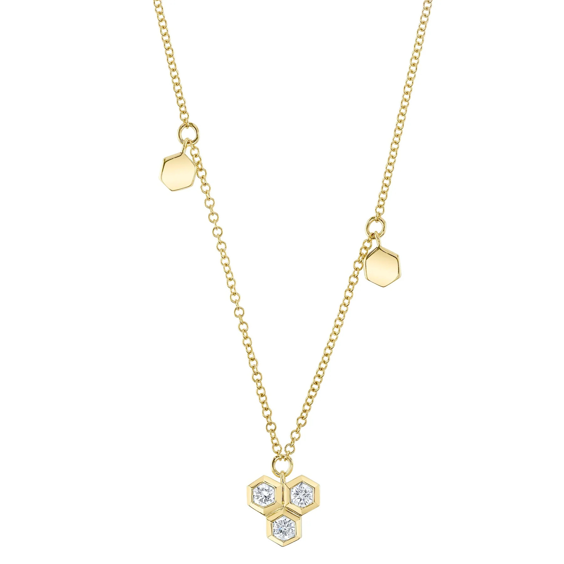Shy Creation 14K Yellow Gold Diamond Hexagon Bezel Station Mini Adjustable Pendant