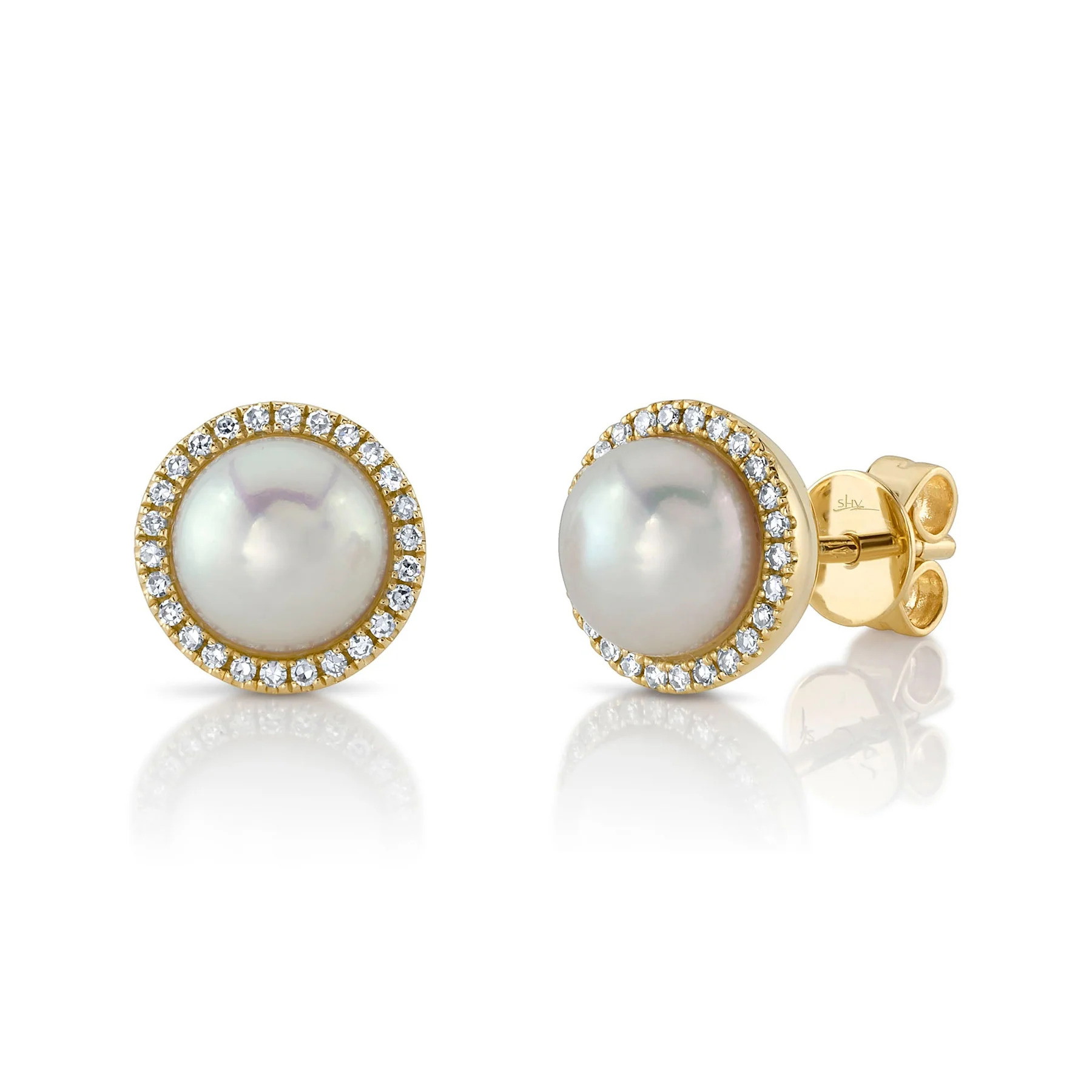 Shy Creation 14K Yellow Gold Round Cultured Pearl & Diamond Halo Stud Earrings