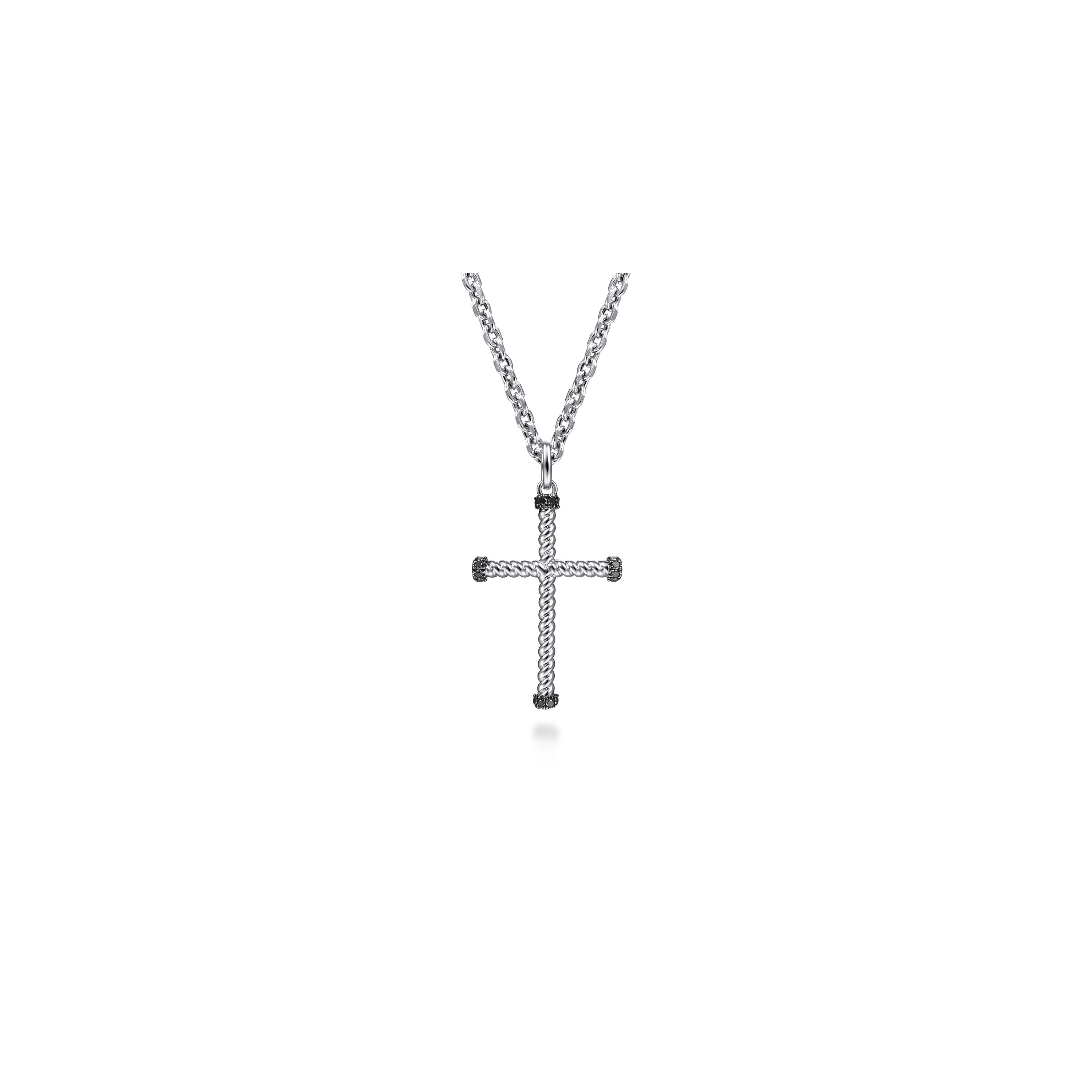 Gabriel & Co. Sterling Silver Black Spinel Twist Rope Cross Pendant