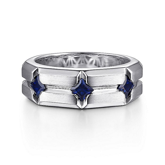 Gabriel & Co. Sterling Silver Princess Sapphire 3-Stone Inlay Band Ring - Size 10