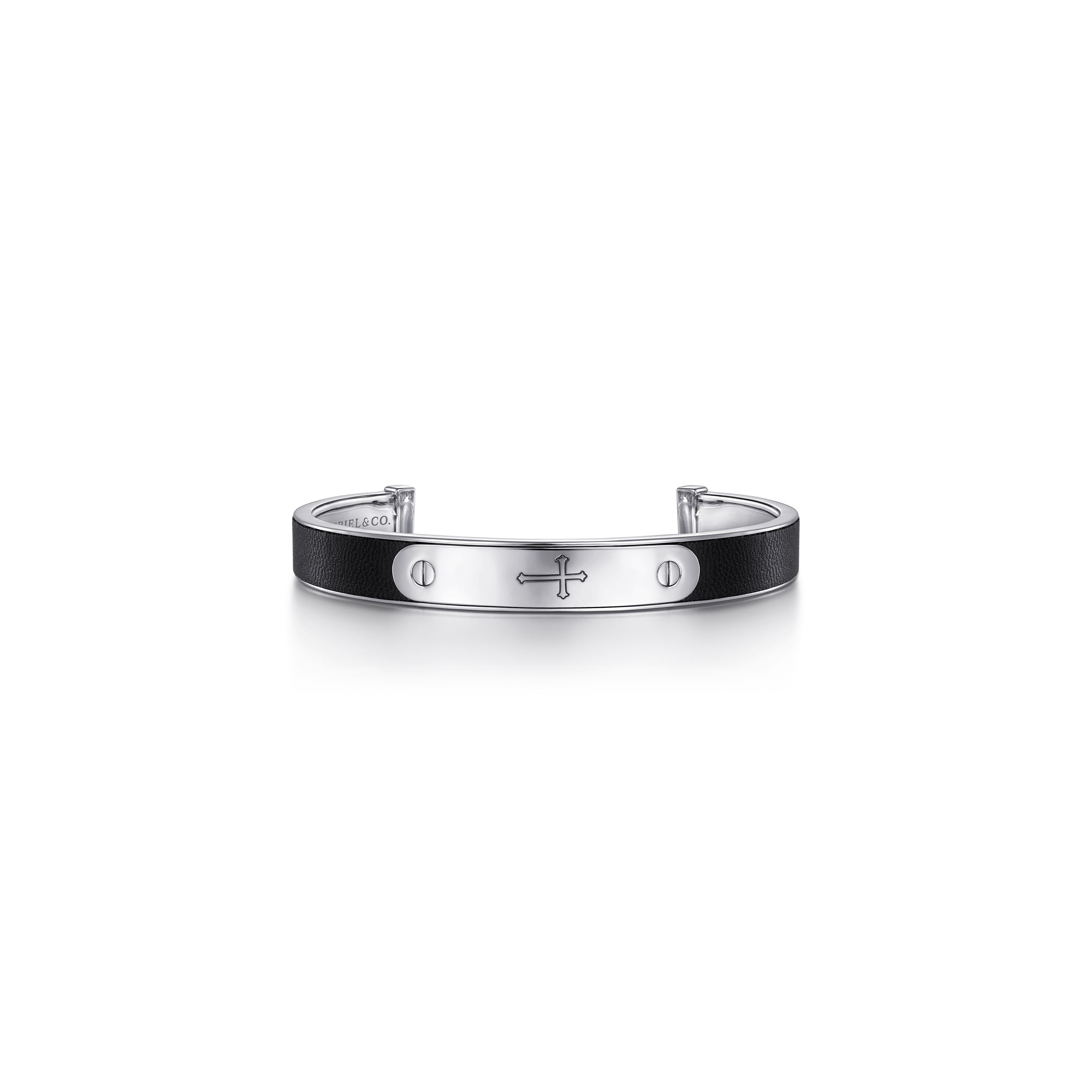 Gabriel & Co. Sterling Silver Leather Cross ID Cuff Men's Bangle Bracelet