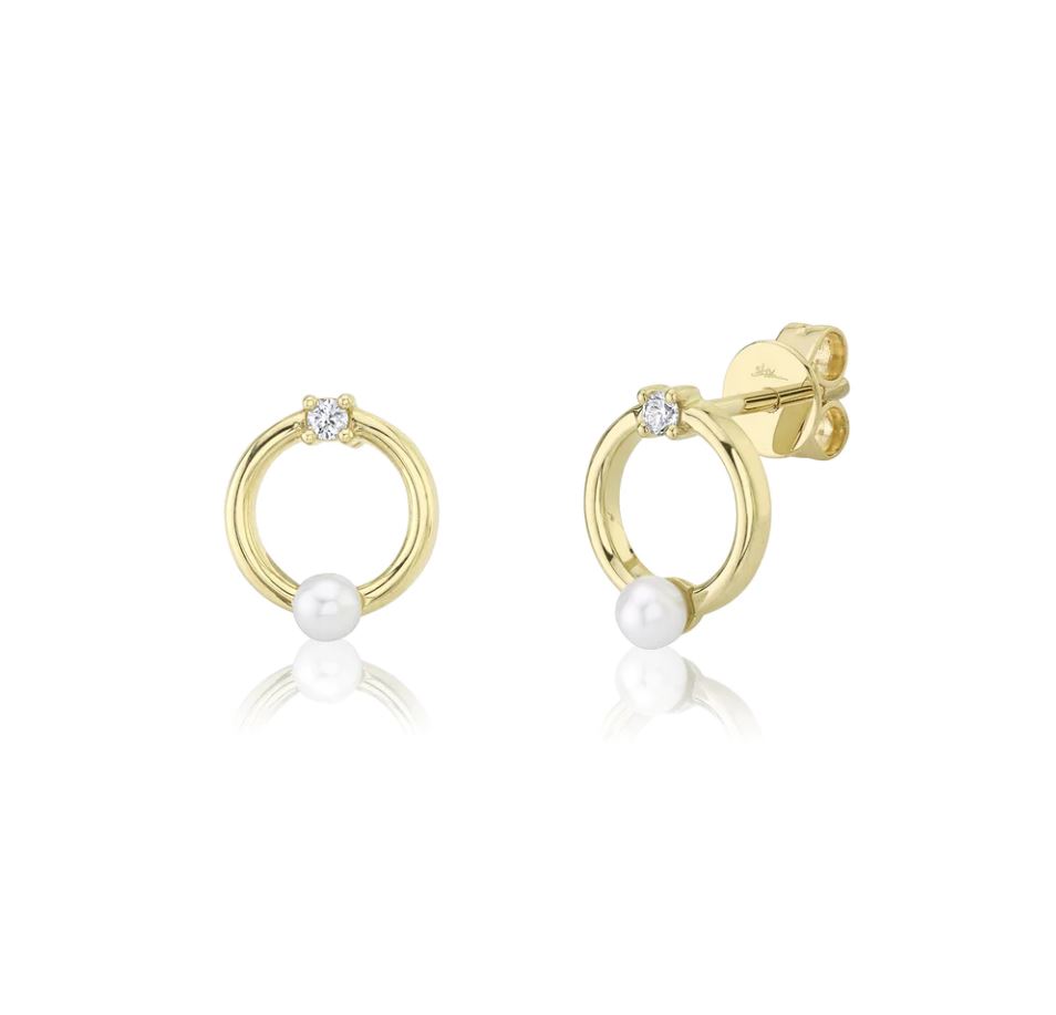 Shy Creation 14K Yellow Gold Diamond Pearl Circle Stud Earrings