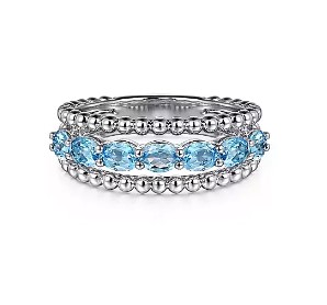 SS 1.29CTW OV BLU TPZ 3 ROW BEAD RING SZ 6.5