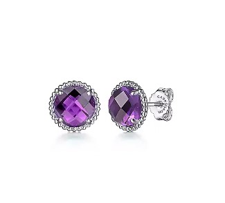 Gabriel & Co. Sterling Silver Round Amethyst Beaded Halo Stud Earrings