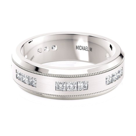 14K White Gold Princess Diamond 3-Stone Cluster Men's Band - Size 10