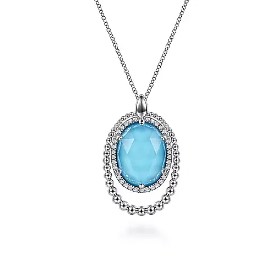 Gabriel & Co. Sterling Silver Turquoise & White Sapphire Double Halo Pendant (17.5")