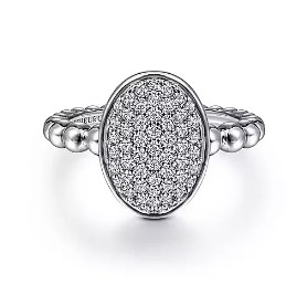 Gabriel & Co. Sterling Silver White Sapphire Oval Pave Signet Beaded Ring
