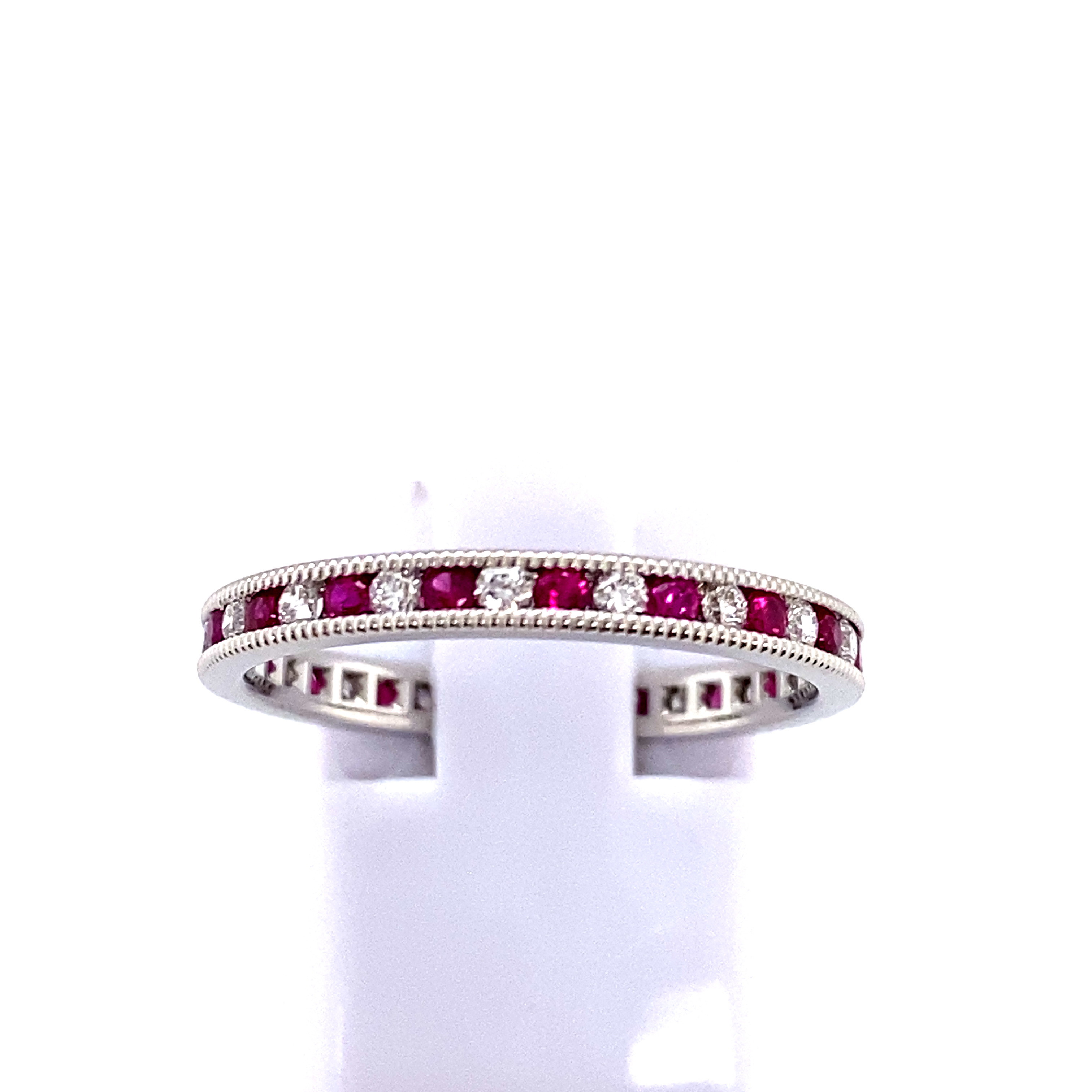 Platinum Ruby & Diamond Alternating Milgrain Eternity Ring