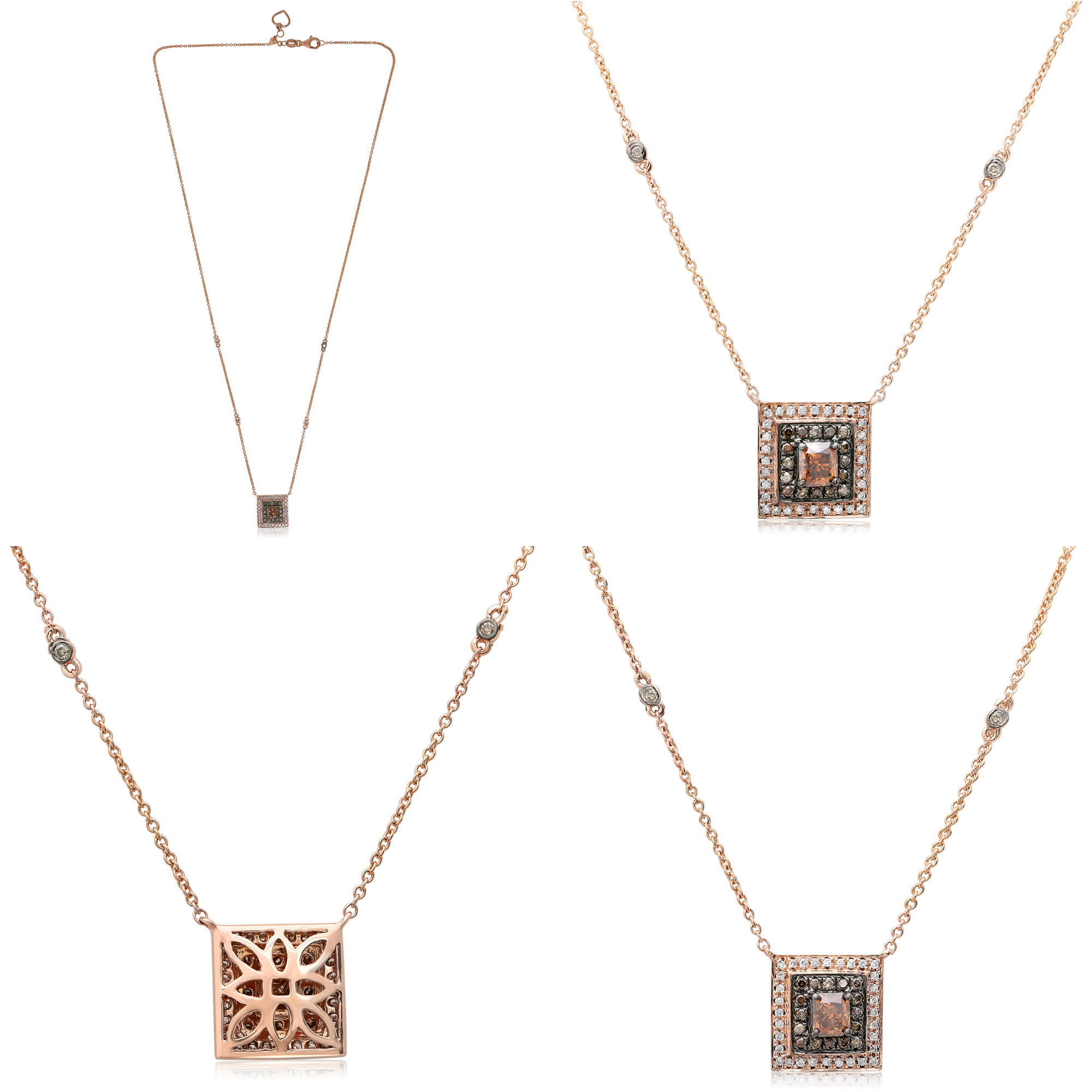 14K Rose Gold Diamond Square Double Halo Adjustable Necklace