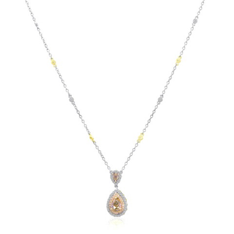 18K White & Yellow Gold Diamond Pear Shape Double Halo Pendant Necklace