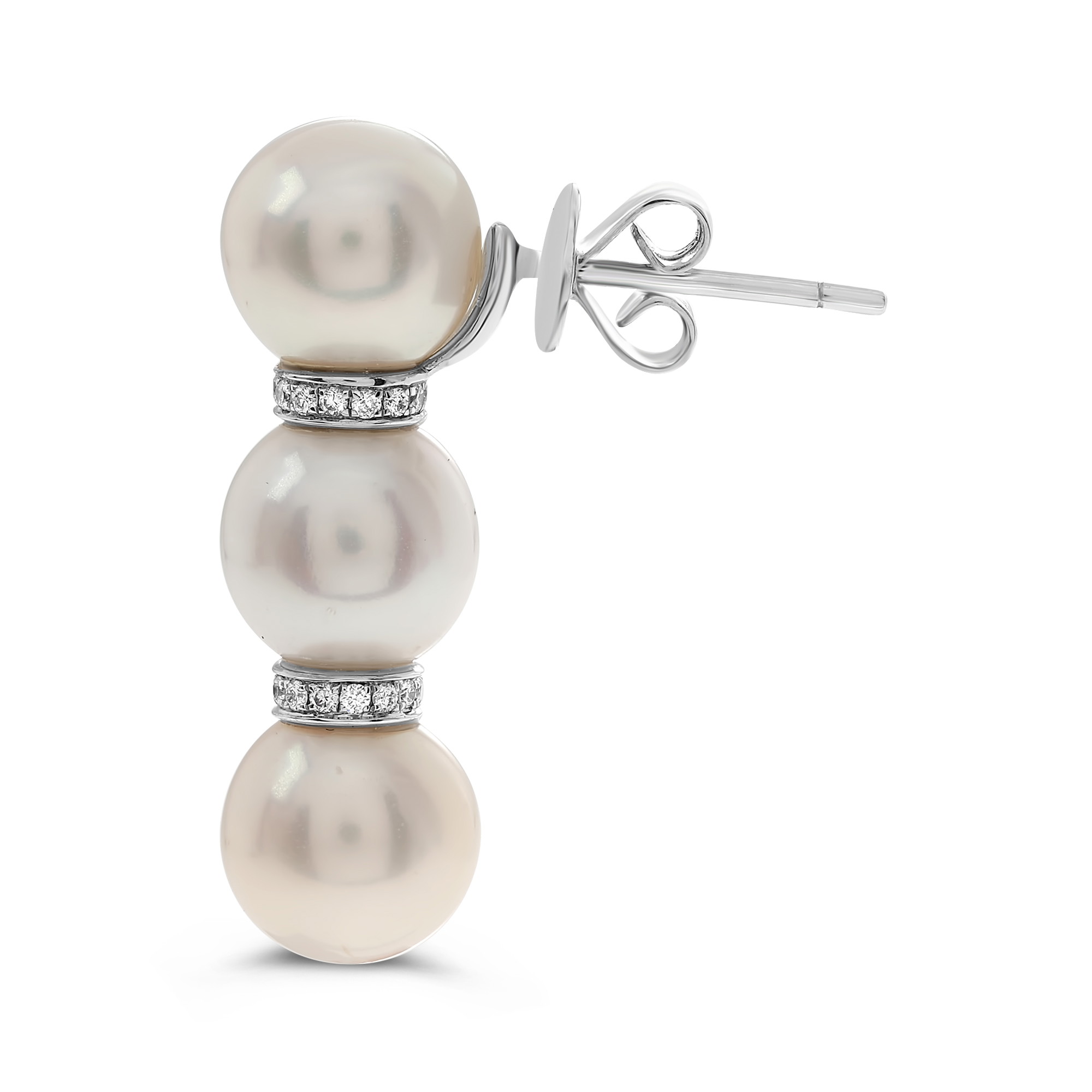18K White Gold Pearl & Diamond 3-Stack Stud Earrings