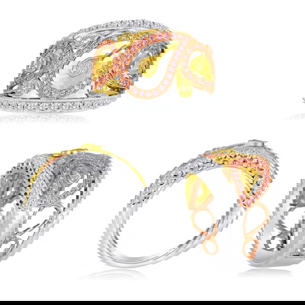 18K White, Yellow & Rose Gold Pink & White Diamond Swirl/Pear Band