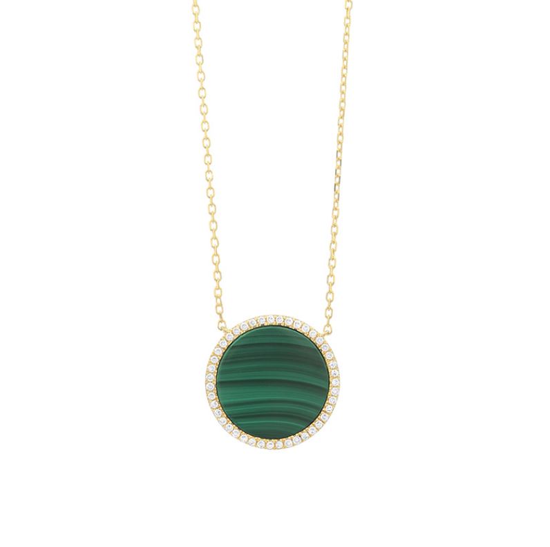 14KY ROUND MALACHITE .12CTW DIA CIRCLE PEND