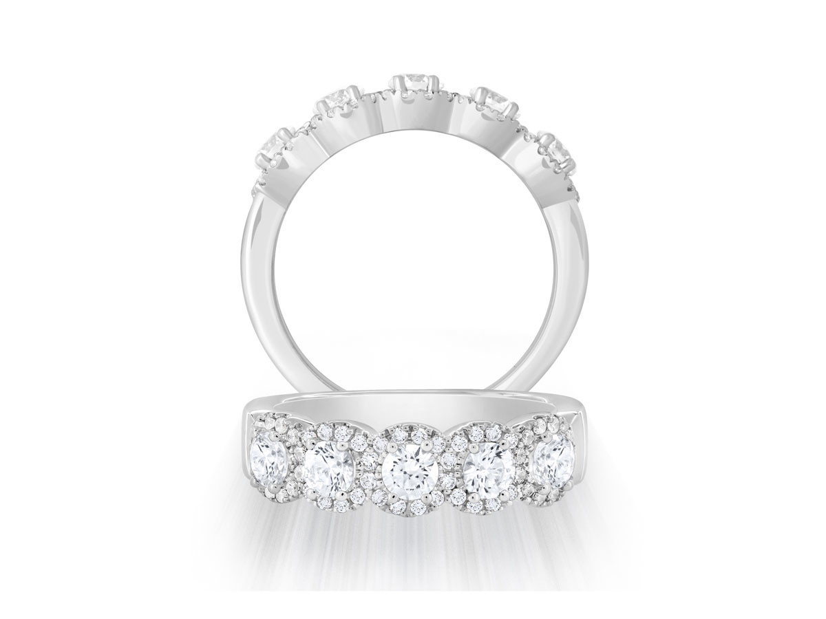 14K White Gold Diamond Halo 5-Stone Fashion Ring (1.07ctw)