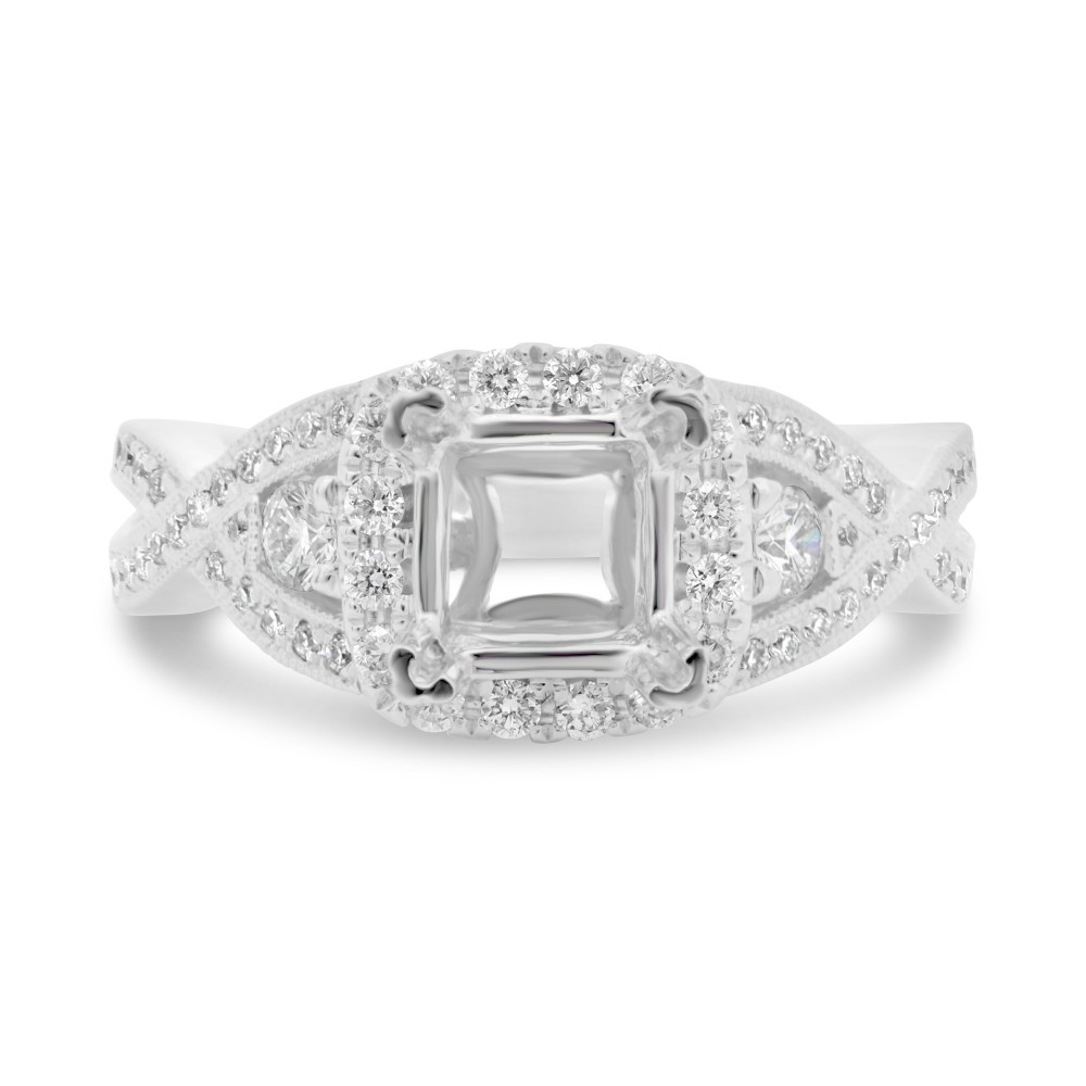 14K White Gold Diamond Halo Princess Semi-Mount Ring (0.62ctw)