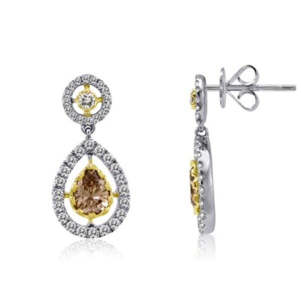 18K White & Yellow Gold Champagne Diamond Pear Drop Earrings (1.08ctw Ch, 0.70ctw Wh)
