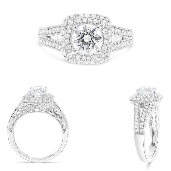 14K White Gold Diamond Double Halo Split Shank Semi-Mount Ring (0.61ctw)
