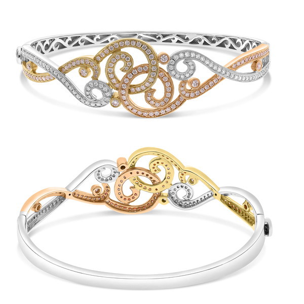 14K White, Yellow & Rose Gold Diamond Swirl Bangle Bracelet (1.31ctw)
