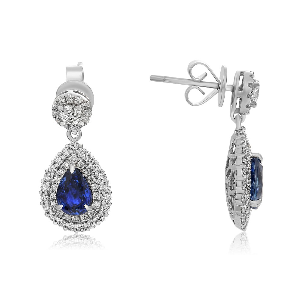 18K White Gold Pear Sapphire & Diamond Double Halo Earrings (1.67ctw Saph, 0.93ctw Dia)