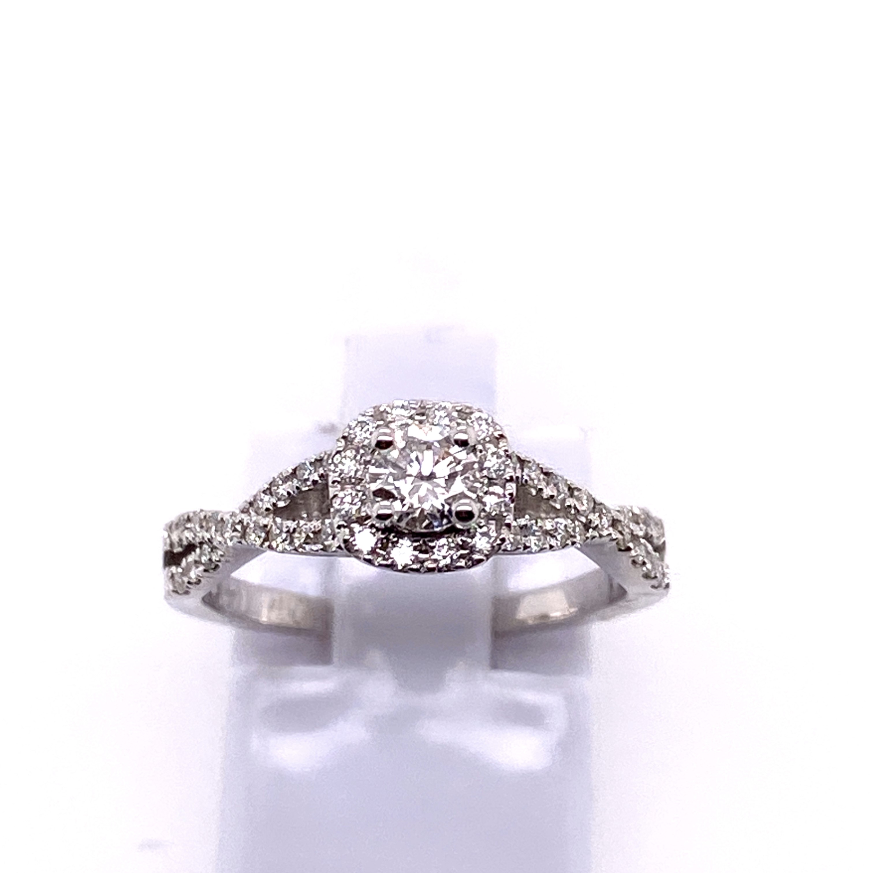 14K White Gold Diamond Halo Twist Ring (Round Center)