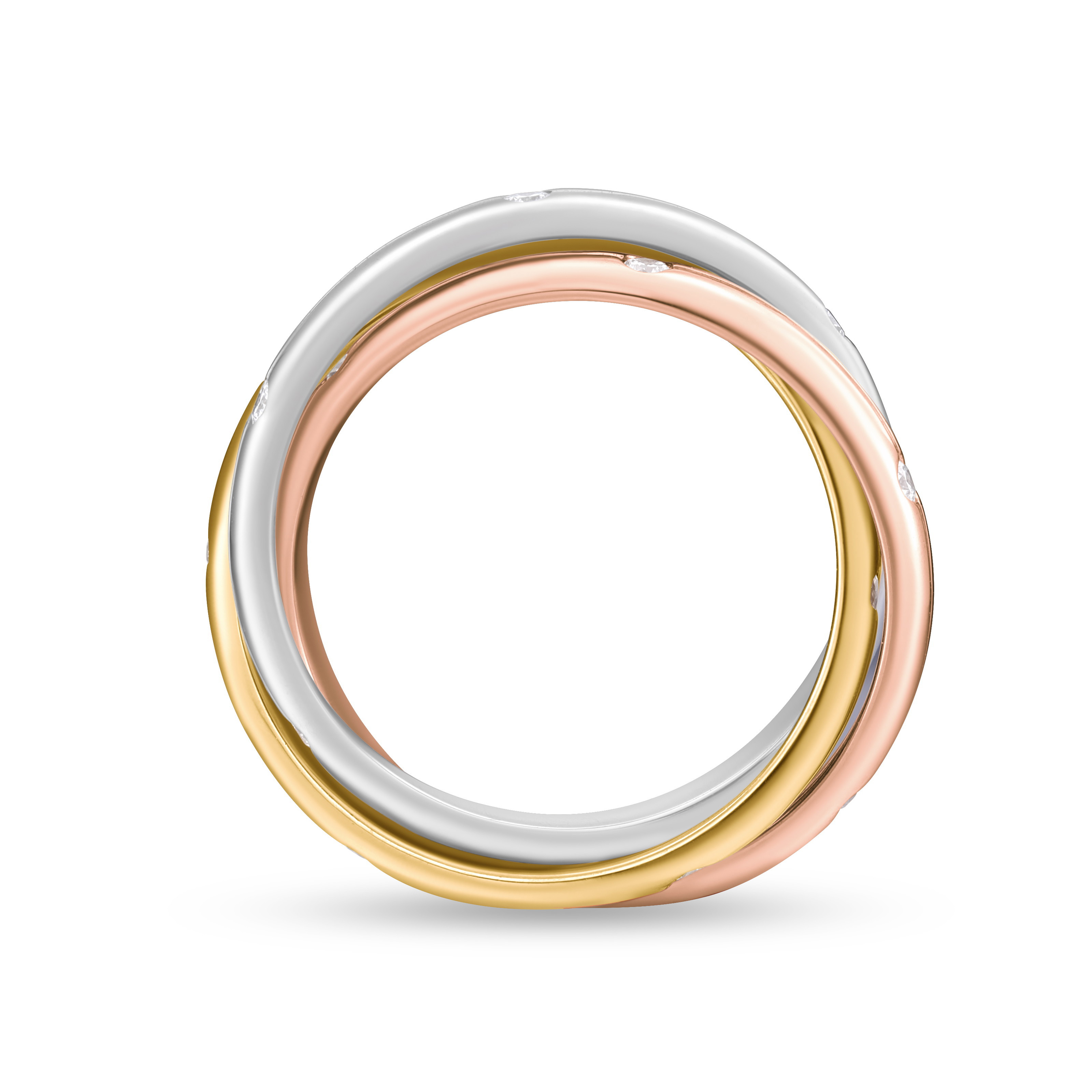 18K White, Yellow & Rose Gold Diamond 3-Row Rolling Fashion Ring - Size 4.5