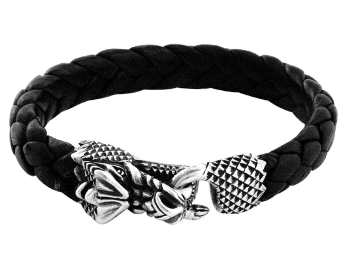 Stainless Steel & Leather Dragon Clasp Men's Bracelet