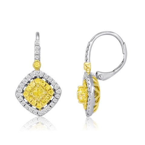 18K White & Yellow Gold Yellow Diamond Halo Drop Earrings