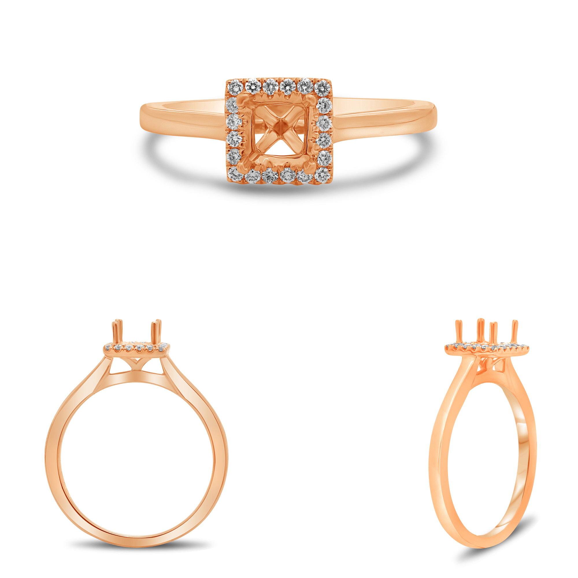 14K Rose Gold Diamond Square Halo Semi-Mount Ring (0.12ctw)