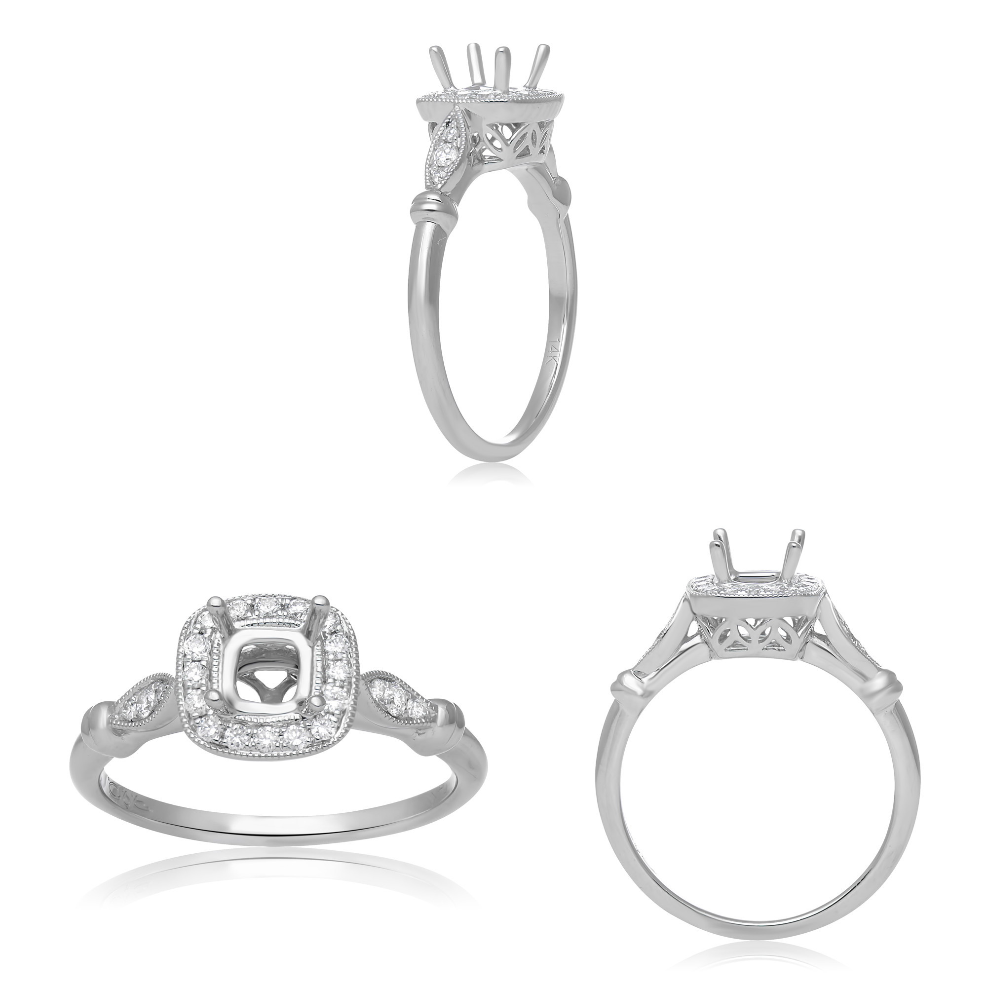 14K White Gold Diamond Halo Milgrain Semi-Mount Ring (0.19ctw)