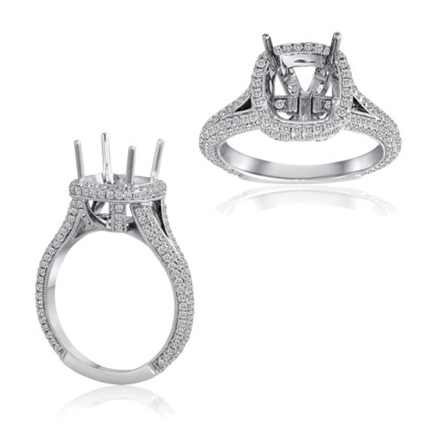 14K White Gold Diamond Halo Pave Split Shank Semi-Mount Ring (0.90ctw)