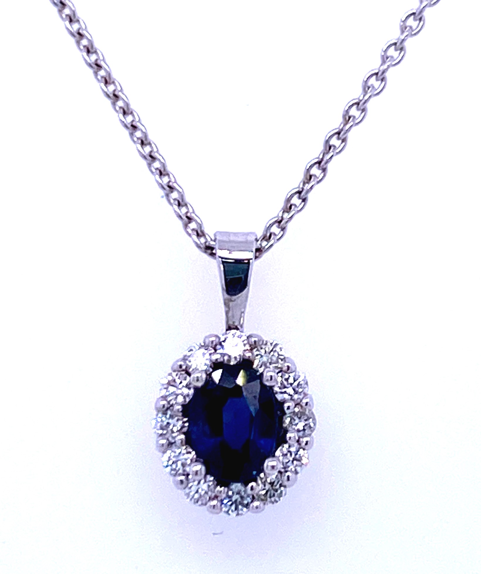 14K White Gold Oval Sapphire & Diamond Halo Pendant Necklace (18")